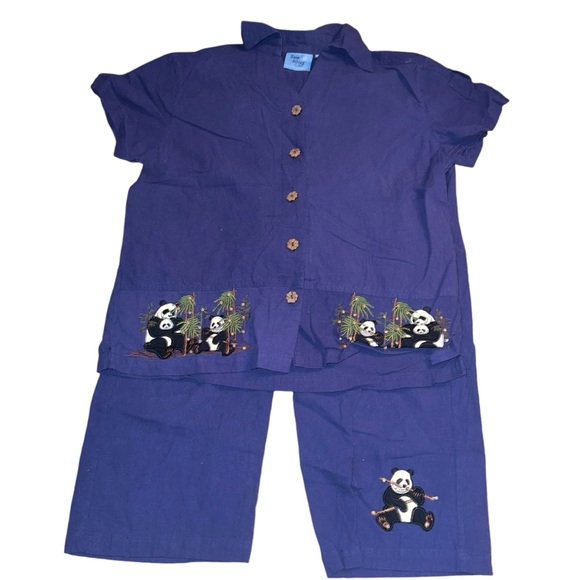 Jane Ashley Pants - Jane Ashely Women’s 2 Pc Set Navy Blue Capri Pant Med Embroidered Panda Vintage
